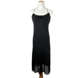 Vintage Ralph Lauren Black Rayon Slip Dress, Spaghetti Straps, Ruffle Detail